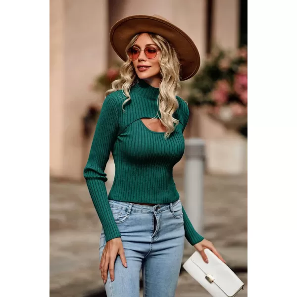 imagePRETTYGARDEN Womens 2024 Fashion Fall Clothes 2 Piece Cutout Tops Long Sleeve Mock Neck Rib Knit Winter Pullover SweaterLake Green