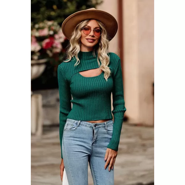 imagePRETTYGARDEN Womens 2024 Fashion Fall Clothes 2 Piece Cutout Tops Long Sleeve Mock Neck Rib Knit Winter Pullover SweaterLake Green