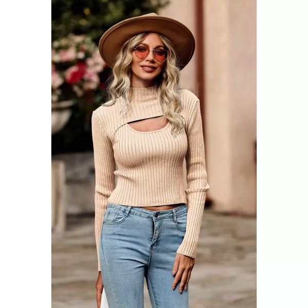 imagePRETTYGARDEN Womens 2024 Fashion Fall Clothes 2 Piece Cutout Tops Long Sleeve Mock Neck Rib Knit Winter Pullover SweaterLight Khaki