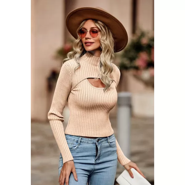 imagePRETTYGARDEN Womens 2024 Fashion Fall Clothes 2 Piece Cutout Tops Long Sleeve Mock Neck Rib Knit Winter Pullover SweaterLight Khaki
