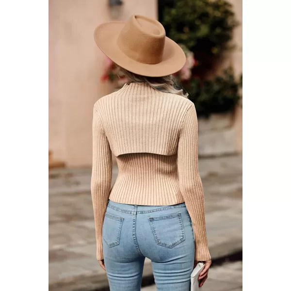 imagePRETTYGARDEN Womens 2024 Fashion Fall Clothes 2 Piece Cutout Tops Long Sleeve Mock Neck Rib Knit Winter Pullover SweaterLight Khaki