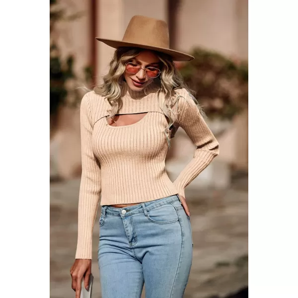imagePRETTYGARDEN Womens 2024 Fashion Fall Clothes 2 Piece Cutout Tops Long Sleeve Mock Neck Rib Knit Winter Pullover SweaterLight Khaki