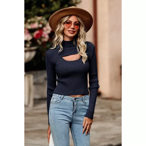 imagePRETTYGARDEN Womens 2024 Fashion Fall Clothes 2 Piece Cutout Tops Long Sleeve Mock Neck Rib Knit Winter Pullover SweaterNavy