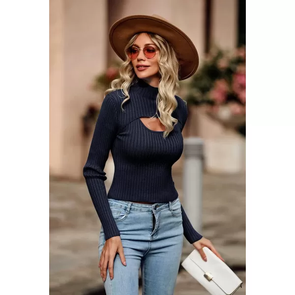 imagePRETTYGARDEN Womens 2024 Fashion Fall Clothes 2 Piece Cutout Tops Long Sleeve Mock Neck Rib Knit Winter Pullover SweaterNavy