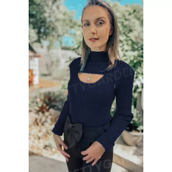 imagePRETTYGARDEN Womens 2024 Fashion Fall Clothes 2 Piece Cutout Tops Long Sleeve Mock Neck Rib Knit Winter Pullover SweaterNavy