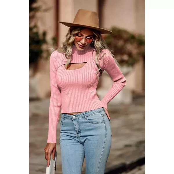 imagePRETTYGARDEN Womens 2024 Fashion Fall Clothes 2 Piece Cutout Tops Long Sleeve Mock Neck Rib Knit Winter Pullover SweaterPink