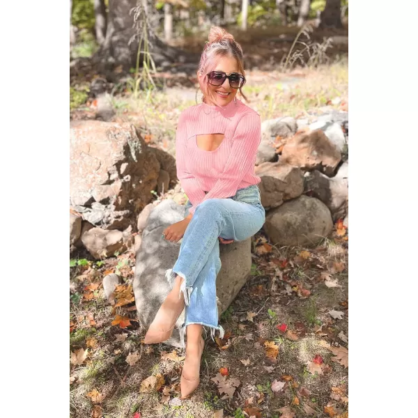 imagePRETTYGARDEN Womens 2024 Fashion Fall Clothes 2 Piece Cutout Tops Long Sleeve Mock Neck Rib Knit Winter Pullover SweaterPink