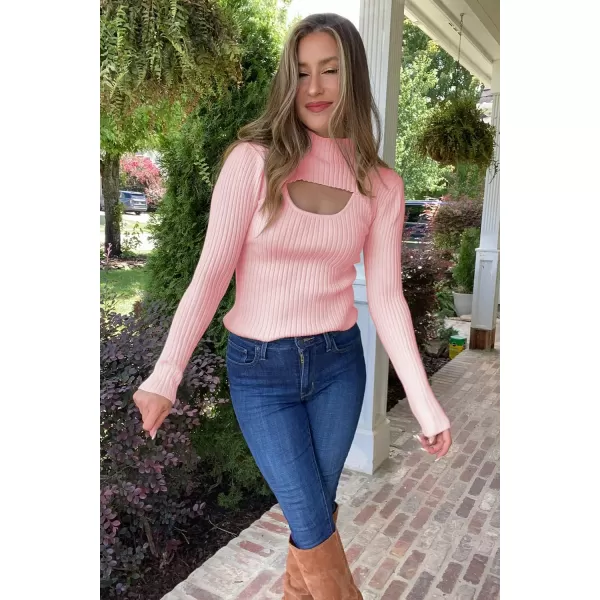 imagePRETTYGARDEN Womens 2024 Fashion Fall Clothes 2 Piece Cutout Tops Long Sleeve Mock Neck Rib Knit Winter Pullover SweaterPink