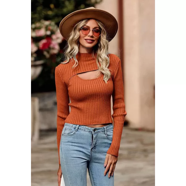 imagePRETTYGARDEN Womens 2024 Fashion Fall Clothes 2 Piece Cutout Tops Long Sleeve Mock Neck Rib Knit Winter Pullover SweaterRust Red