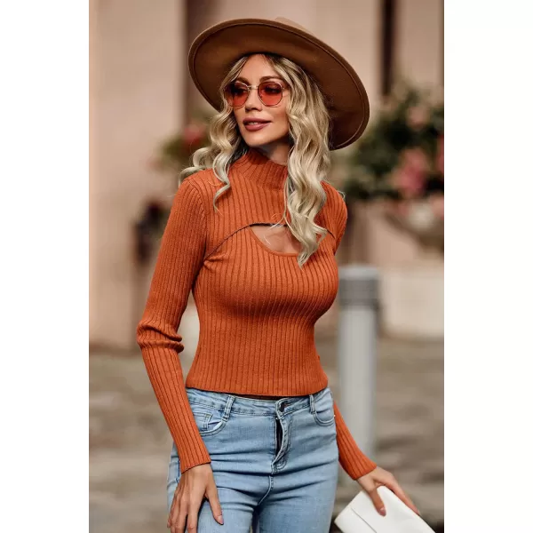 imagePRETTYGARDEN Womens 2024 Fashion Fall Clothes 2 Piece Cutout Tops Long Sleeve Mock Neck Rib Knit Winter Pullover SweaterRust Red