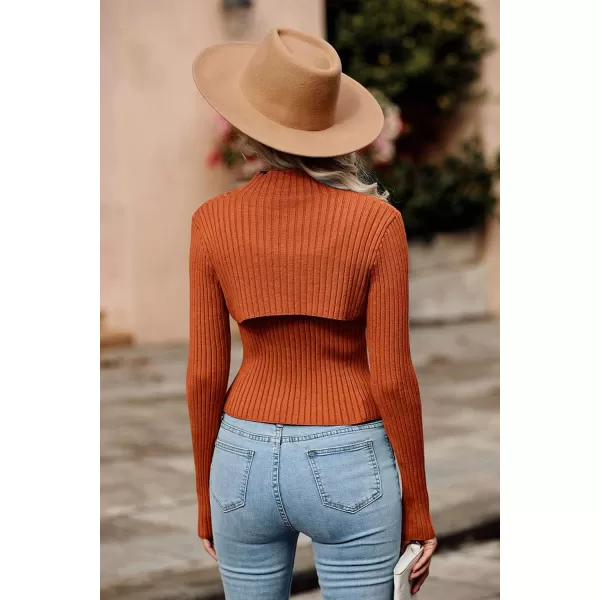 imagePRETTYGARDEN Womens 2024 Fashion Fall Clothes 2 Piece Cutout Tops Long Sleeve Mock Neck Rib Knit Winter Pullover SweaterRust Red