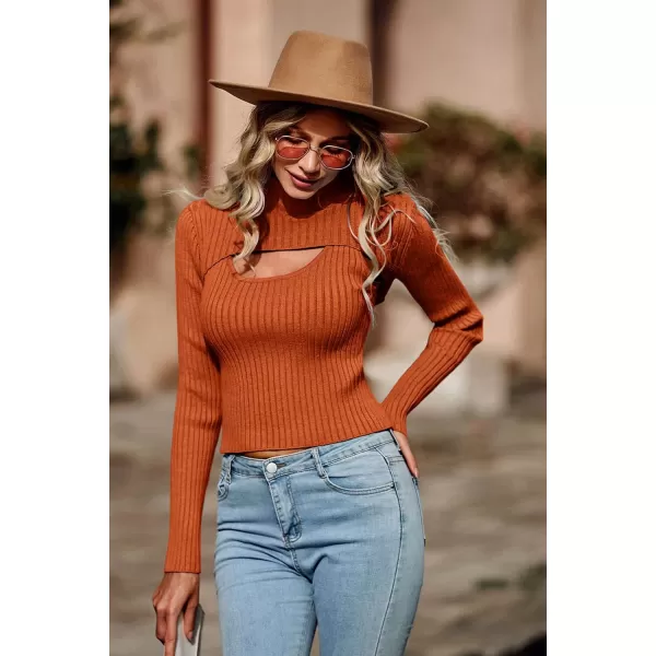 imagePRETTYGARDEN Womens 2024 Fashion Fall Clothes 2 Piece Cutout Tops Long Sleeve Mock Neck Rib Knit Winter Pullover SweaterRust Red