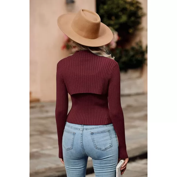 imagePRETTYGARDEN Womens 2024 Fashion Fall Clothes 2 Piece Cutout Tops Long Sleeve Mock Neck Rib Knit Winter Pullover SweaterWine Red