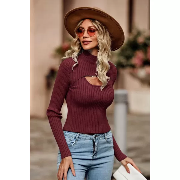 imagePRETTYGARDEN Womens 2024 Fashion Fall Clothes 2 Piece Cutout Tops Long Sleeve Mock Neck Rib Knit Winter Pullover SweaterWine Red