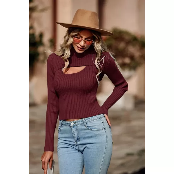imagePRETTYGARDEN Womens 2024 Fashion Fall Clothes 2 Piece Cutout Tops Long Sleeve Mock Neck Rib Knit Winter Pullover SweaterWine Red