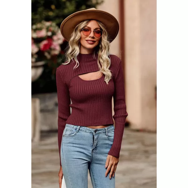 imagePRETTYGARDEN Womens 2024 Fashion Fall Clothes 2 Piece Cutout Tops Long Sleeve Mock Neck Rib Knit Winter Pullover SweaterWine Red