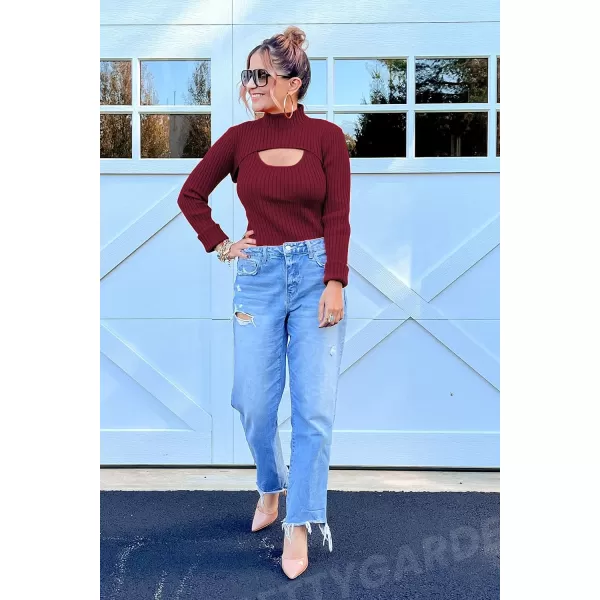 imagePRETTYGARDEN Womens 2024 Fashion Fall Clothes 2 Piece Cutout Tops Long Sleeve Mock Neck Rib Knit Winter Pullover SweaterWine Red