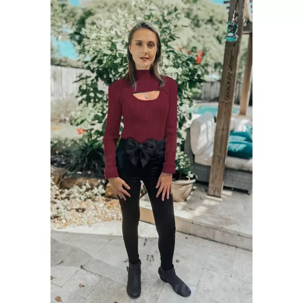 imagePRETTYGARDEN Womens 2024 Fashion Fall Clothes 2 Piece Cutout Tops Long Sleeve Mock Neck Rib Knit Winter Pullover SweaterWine Red