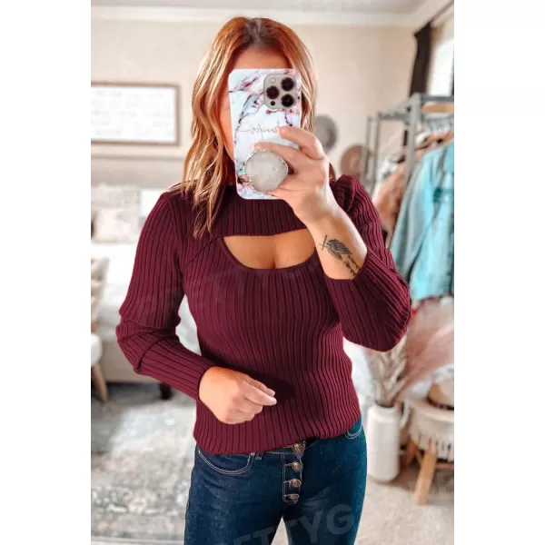 imagePRETTYGARDEN Womens 2024 Fashion Fall Clothes 2 Piece Cutout Tops Long Sleeve Mock Neck Rib Knit Winter Pullover SweaterWine Red