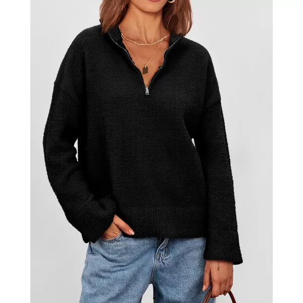 imagePRETTYGARDEN Womens 2024 Winter Pullover Sweaters Long Sleeve 14 Zip Lapel Chunky Knit Blouse TopsBlack