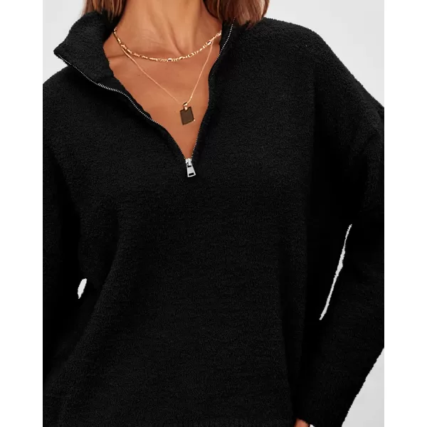 imagePRETTYGARDEN Womens 2024 Winter Pullover Sweaters Long Sleeve 14 Zip Lapel Chunky Knit Blouse TopsBlack