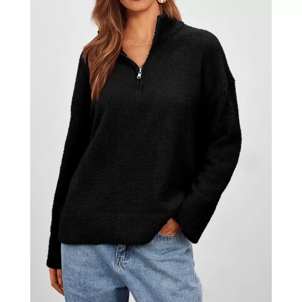 imagePRETTYGARDEN Womens 2024 Winter Pullover Sweaters Long Sleeve 14 Zip Lapel Chunky Knit Blouse TopsBlack