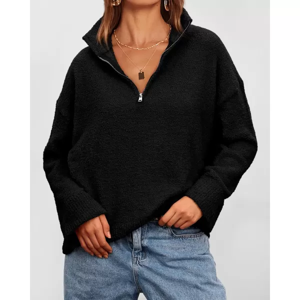 imagePRETTYGARDEN Womens 2024 Winter Pullover Sweaters Long Sleeve 14 Zip Lapel Chunky Knit Blouse TopsBlack