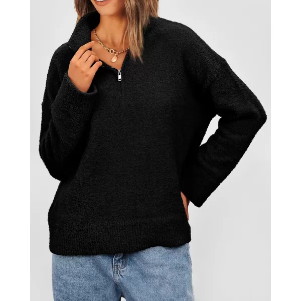 imagePRETTYGARDEN Womens 2024 Winter Pullover Sweaters Long Sleeve 14 Zip Lapel Chunky Knit Blouse TopsBlack