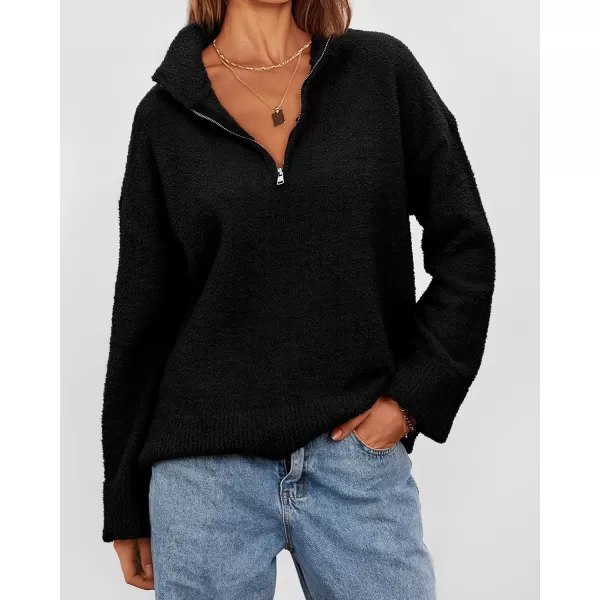 imagePRETTYGARDEN Womens 2024 Winter Pullover Sweaters Long Sleeve 14 Zip Lapel Chunky Knit Blouse TopsBlack