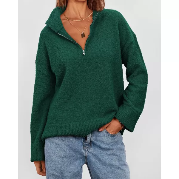 imagePRETTYGARDEN Womens 2024 Winter Pullover Sweaters Long Sleeve 14 Zip Lapel Chunky Knit Blouse TopsDark Green