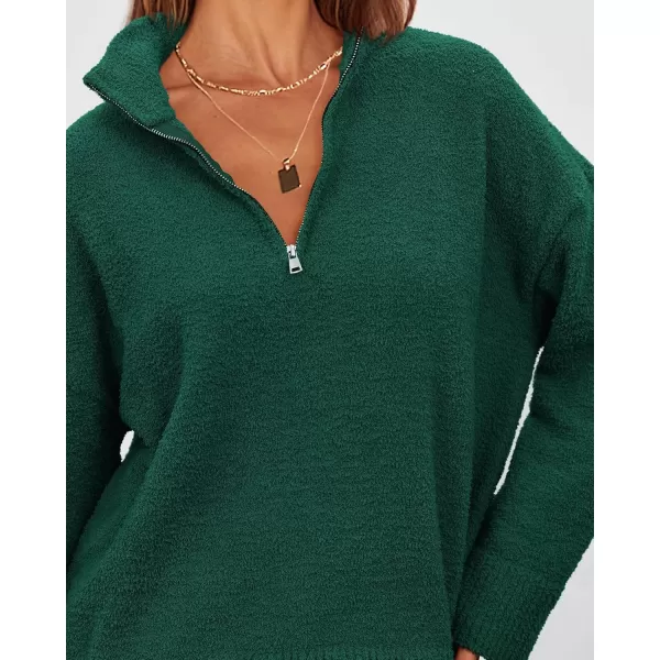imagePRETTYGARDEN Womens 2024 Winter Pullover Sweaters Long Sleeve 14 Zip Lapel Chunky Knit Blouse TopsDark Green