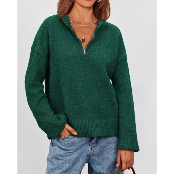 imagePRETTYGARDEN Womens 2024 Winter Pullover Sweaters Long Sleeve 14 Zip Lapel Chunky Knit Blouse TopsDark Green