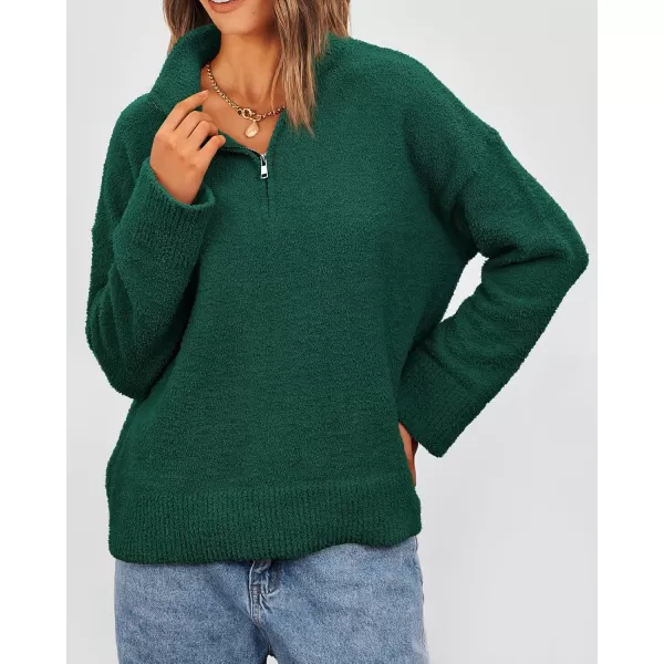 imagePRETTYGARDEN Womens 2024 Winter Pullover Sweaters Long Sleeve 14 Zip Lapel Chunky Knit Blouse TopsDark Green