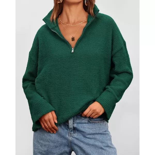 imagePRETTYGARDEN Womens 2024 Winter Pullover Sweaters Long Sleeve 14 Zip Lapel Chunky Knit Blouse TopsDark Green