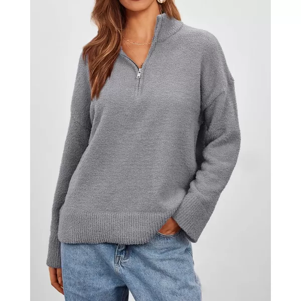 imagePRETTYGARDEN Womens 2024 Winter Pullover Sweaters Long Sleeve 14 Zip Lapel Chunky Knit Blouse TopsGrey