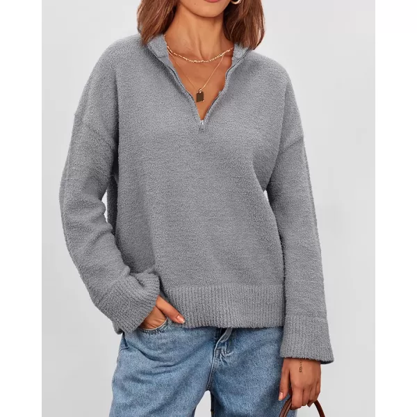 imagePRETTYGARDEN Womens 2024 Winter Pullover Sweaters Long Sleeve 14 Zip Lapel Chunky Knit Blouse TopsGrey