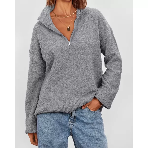 imagePRETTYGARDEN Womens 2024 Winter Pullover Sweaters Long Sleeve 14 Zip Lapel Chunky Knit Blouse TopsGrey