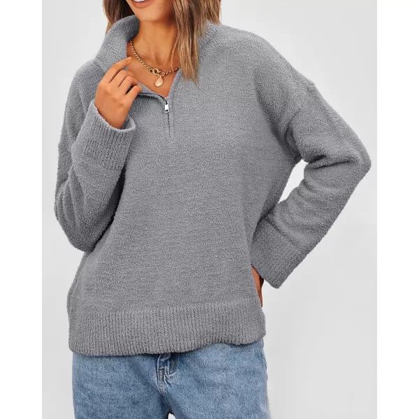imagePRETTYGARDEN Womens 2024 Winter Pullover Sweaters Long Sleeve 14 Zip Lapel Chunky Knit Blouse TopsGrey