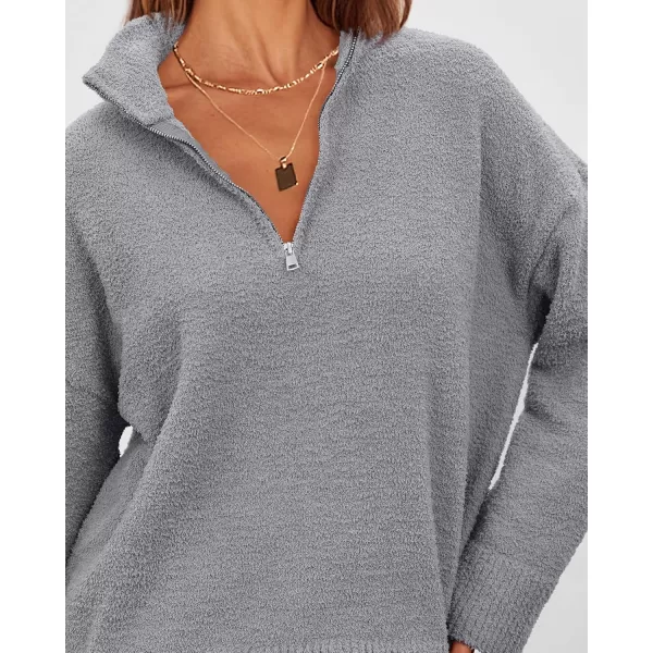 imagePRETTYGARDEN Womens 2024 Winter Pullover Sweaters Long Sleeve 14 Zip Lapel Chunky Knit Blouse TopsGrey