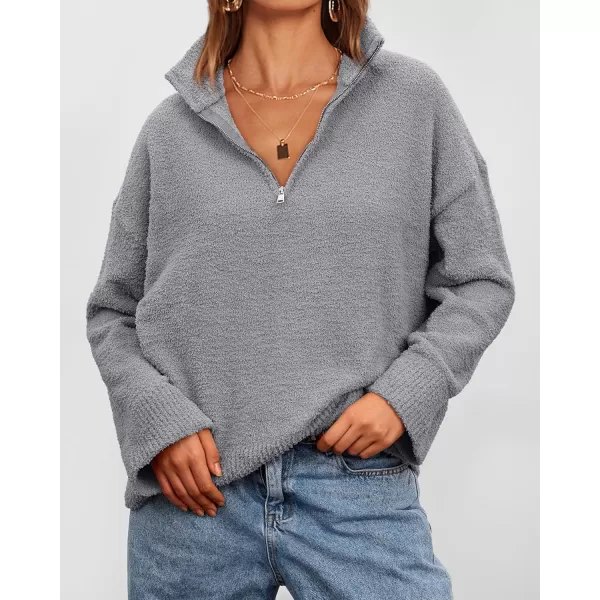 imagePRETTYGARDEN Womens 2024 Winter Pullover Sweaters Long Sleeve 14 Zip Lapel Chunky Knit Blouse TopsGrey