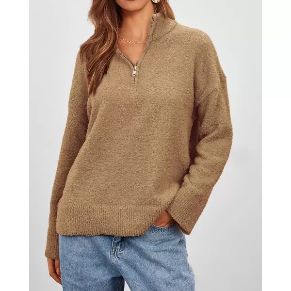 imagePRETTYGARDEN Womens 2024 Winter Pullover Sweaters Long Sleeve 14 Zip Lapel Chunky Knit Blouse TopsKhaki