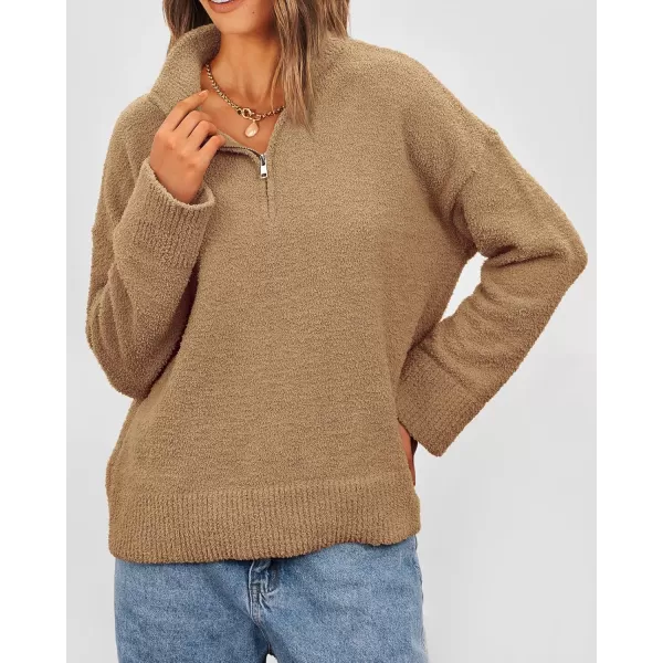 imagePRETTYGARDEN Womens 2024 Winter Pullover Sweaters Long Sleeve 14 Zip Lapel Chunky Knit Blouse TopsKhaki