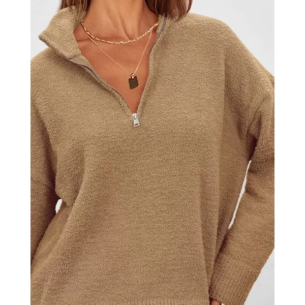 imagePRETTYGARDEN Womens 2024 Winter Pullover Sweaters Long Sleeve 14 Zip Lapel Chunky Knit Blouse TopsKhaki
