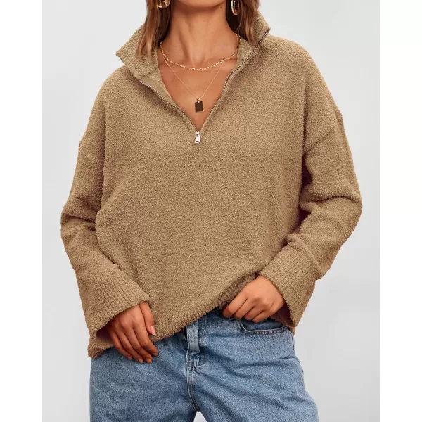 imagePRETTYGARDEN Womens 2024 Winter Pullover Sweaters Long Sleeve 14 Zip Lapel Chunky Knit Blouse TopsKhaki