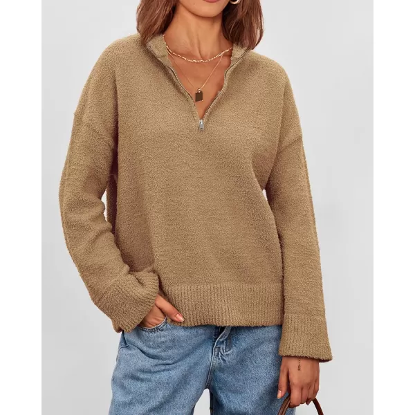imagePRETTYGARDEN Womens 2024 Winter Pullover Sweaters Long Sleeve 14 Zip Lapel Chunky Knit Blouse TopsKhaki