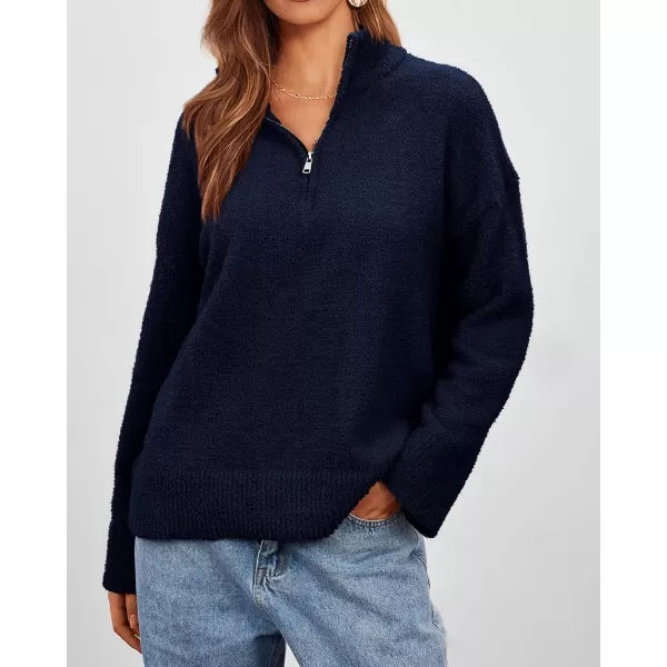 imagePRETTYGARDEN Womens 2024 Winter Pullover Sweaters Long Sleeve 14 Zip Lapel Chunky Knit Blouse TopsNavy
