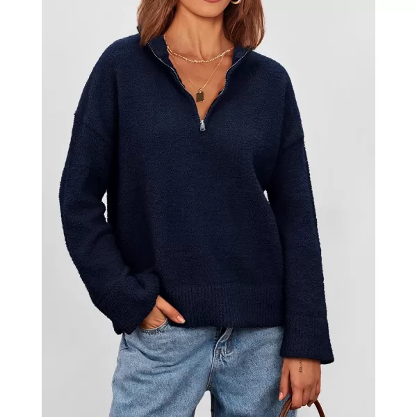 imagePRETTYGARDEN Womens 2024 Winter Pullover Sweaters Long Sleeve 14 Zip Lapel Chunky Knit Blouse TopsNavy