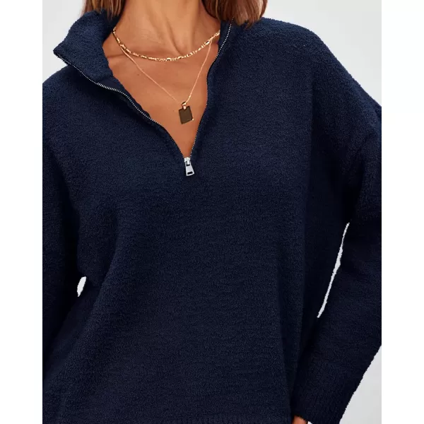 imagePRETTYGARDEN Womens 2024 Winter Pullover Sweaters Long Sleeve 14 Zip Lapel Chunky Knit Blouse TopsNavy