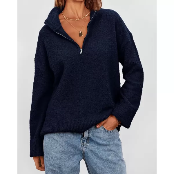 imagePRETTYGARDEN Womens 2024 Winter Pullover Sweaters Long Sleeve 14 Zip Lapel Chunky Knit Blouse TopsNavy