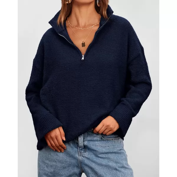 imagePRETTYGARDEN Womens 2024 Winter Pullover Sweaters Long Sleeve 14 Zip Lapel Chunky Knit Blouse TopsNavy